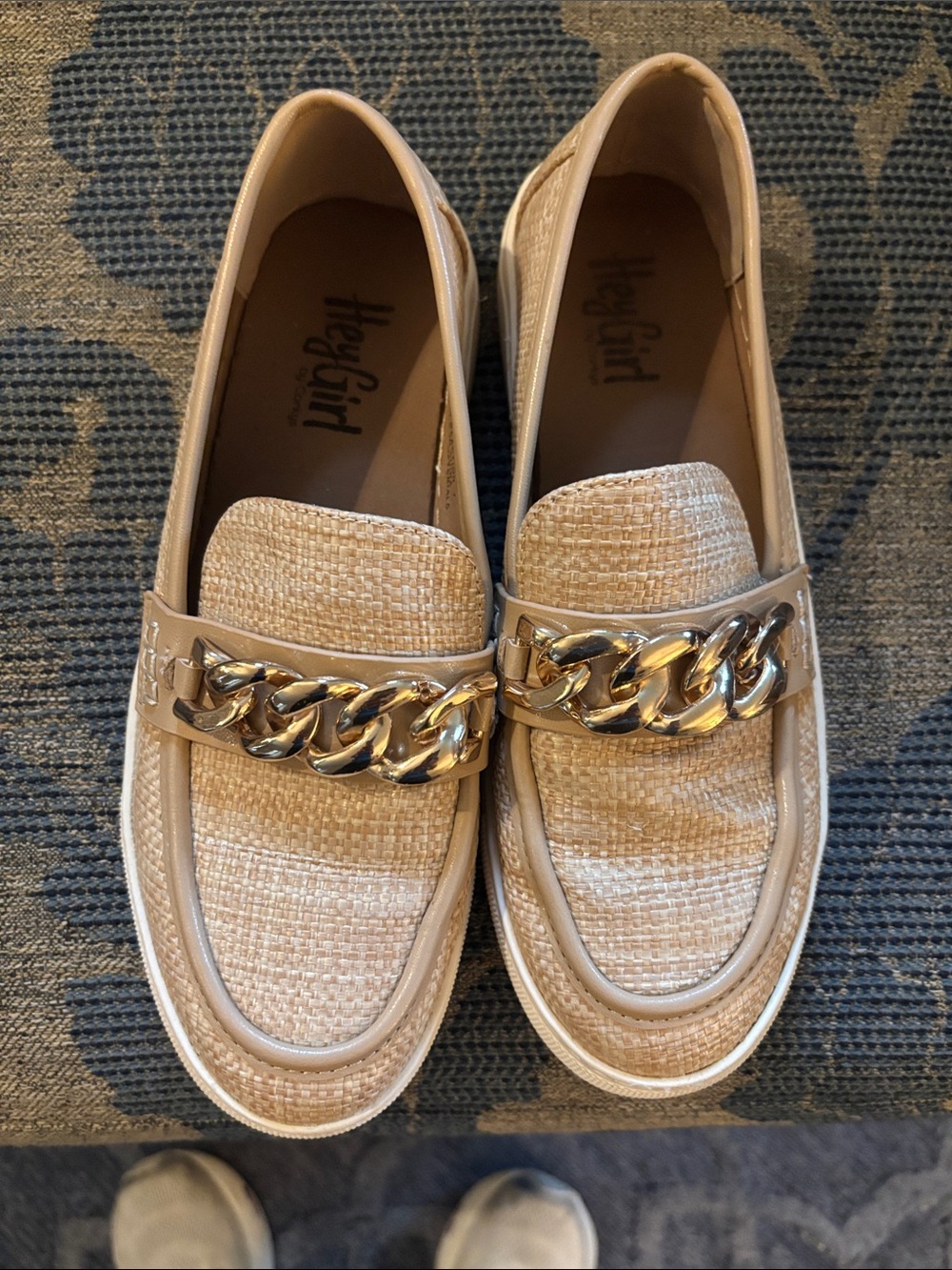 Hey Girl Beige Tweed Loafers with Gold Chain Accent